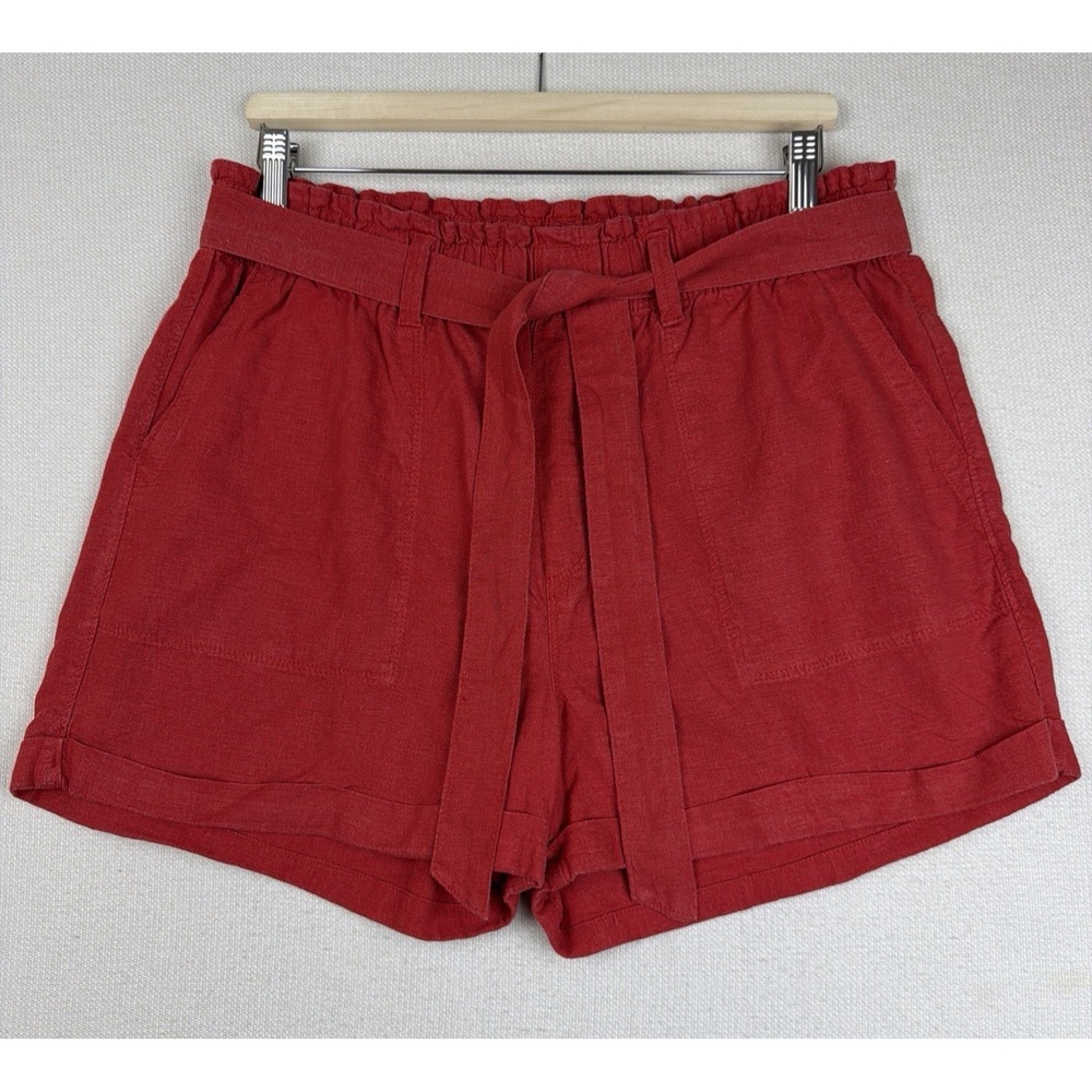 Sanctuary Women's‎ Red Linen Blend Elastic Waist Belted Shorts L Coastal Pockets